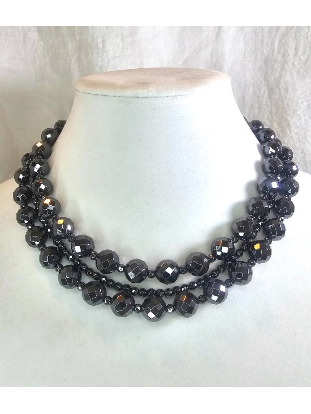 Faceted Black Hematite Sterling Silver Multi Strand Chocker Necklace 16.5”